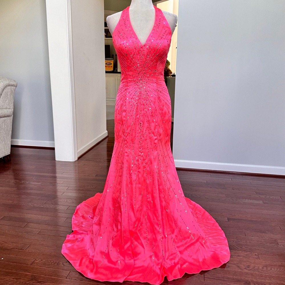 Mori Lee‎ Hot Pink Fully Beaded Embellished Open Back Formal Gown with Train